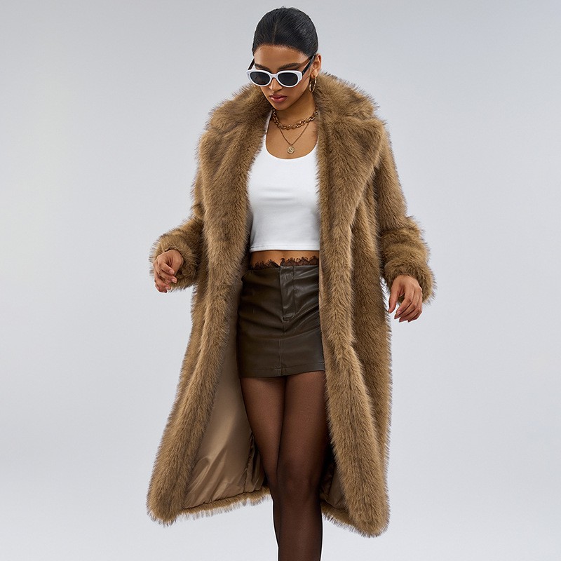 Occident Women Lapel Collar Mid Long Faux Fur Coat Overcoat Winter Loose Outwear