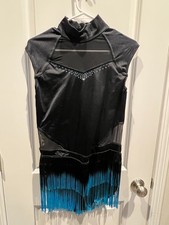 Weissman womens XL dance costume, black w/turquoise fringe, w/hair piece, used