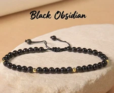 Natural 4mm Black Obsidian Stone Beaded Dainty Bracelet Crystal Braided Bracelet