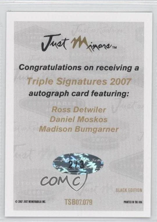 2007 Just Minors Triple Signatures Black /3 Ross Detwiler Daniel Moskos Auto - Imagem 2 de 2