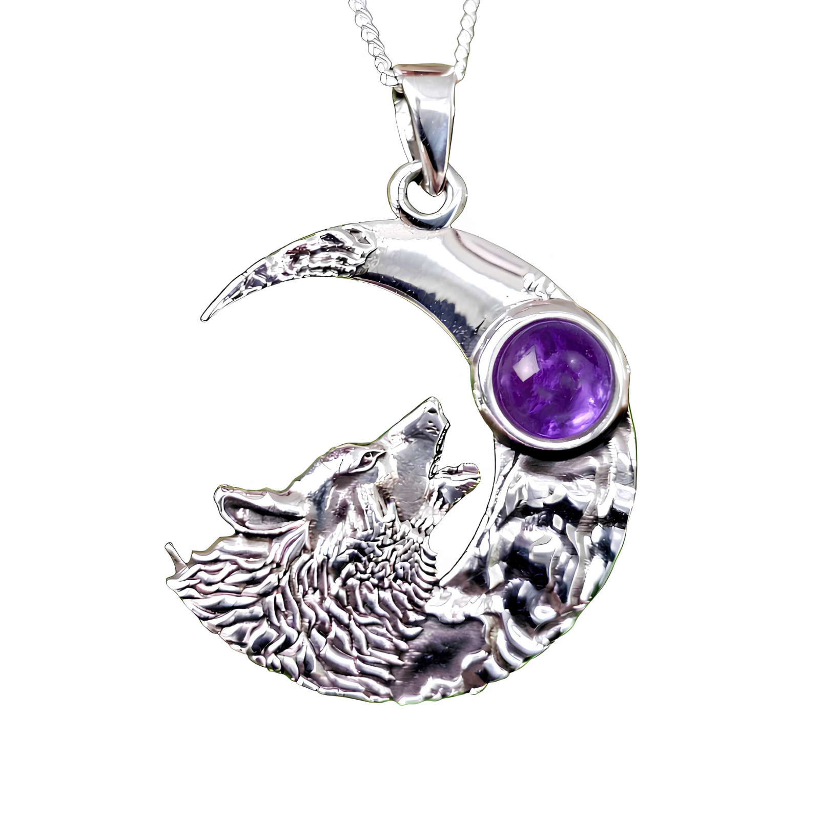Howling Wolf Moon Amethyst Pendant Necklace 925 Sterling Silver Jewellery & Box