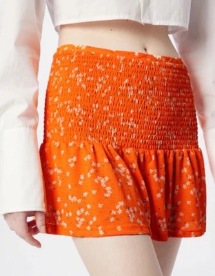 Noisy May Lea Orange Floral Mini Skirt Smocked Waist Stretch Women Small