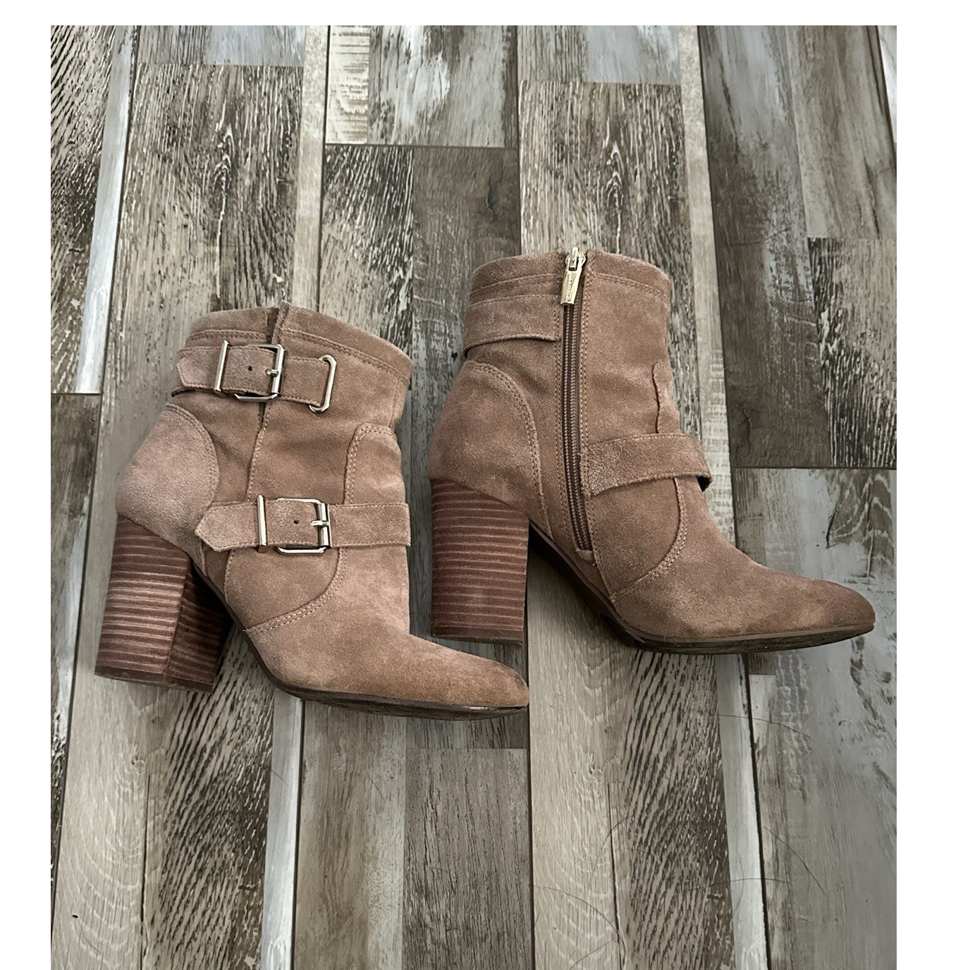 Vince Camuto Taupe Suede Ankle Bootie Buckle Zip Women's Size 8.5