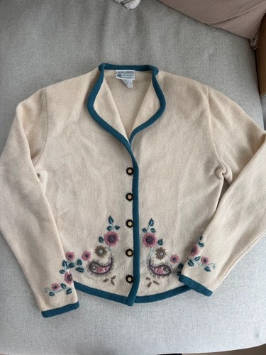 Laura Ashley, Laura Ashley Vintage 100% Wool Cardigan Medium Cream Floral Embroidery