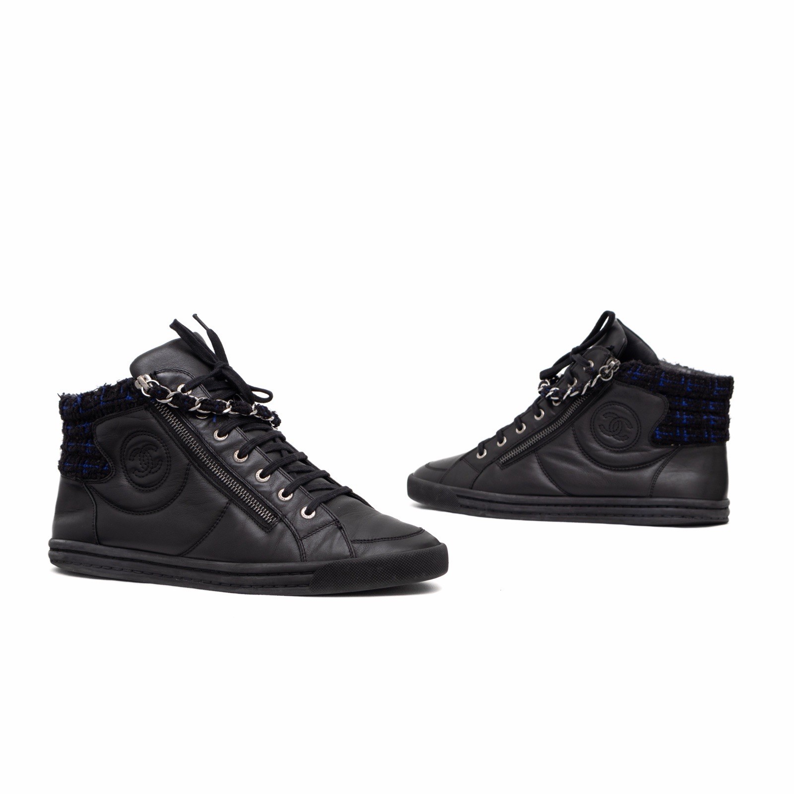 Chanel Black Leather CC Logo Chain Link High Top Sneakers Size 41.5 / US11.5