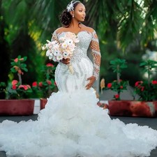 Sexy Mermaid Wedding Dresses Off Shoulder Illusion Sleeves Ruffles Bridal Gowns