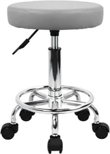 KKTONER PU Leather Round Rolling Stool with Foot Rest Swivel Height Adjustment 