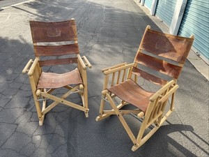 Lot Of 2 Vintage Mid Century Costa Rican Leather Folding Rocking Chairs