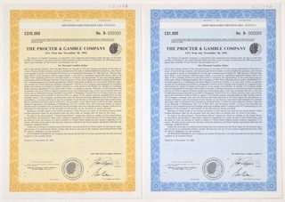 Procter & Gamble Co. 1990. Specimen 11% Coupon Bond Pair. XF AU. S C USBNC.(2)