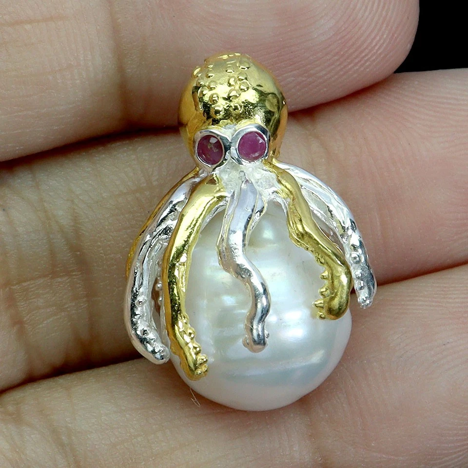 925 Sterling Silver Pendant Round Ruby Pearl Natural Gemstone Octopus Jewelry - Image 2 of 4