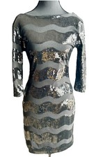 As U Wish Dress Women Small Black Silver Sequin Wave Mini 3/4 Sleeve Cocktail