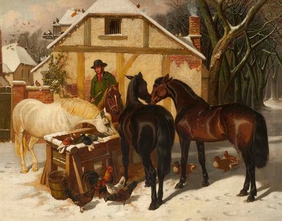 canvas art print giclée - poster - pillow. watering the horses in winter