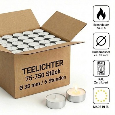 Teelichter 6 Stunden | 75 750 Stück | Raucharm & geruchsfrei | Gratis Versand