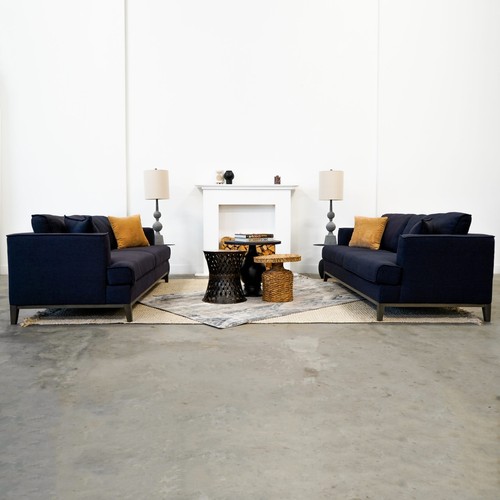 Premium 2-Pc Living Room Sofa Set w/ Pillows, Navy Upholstered 3+2 Seater Sofa