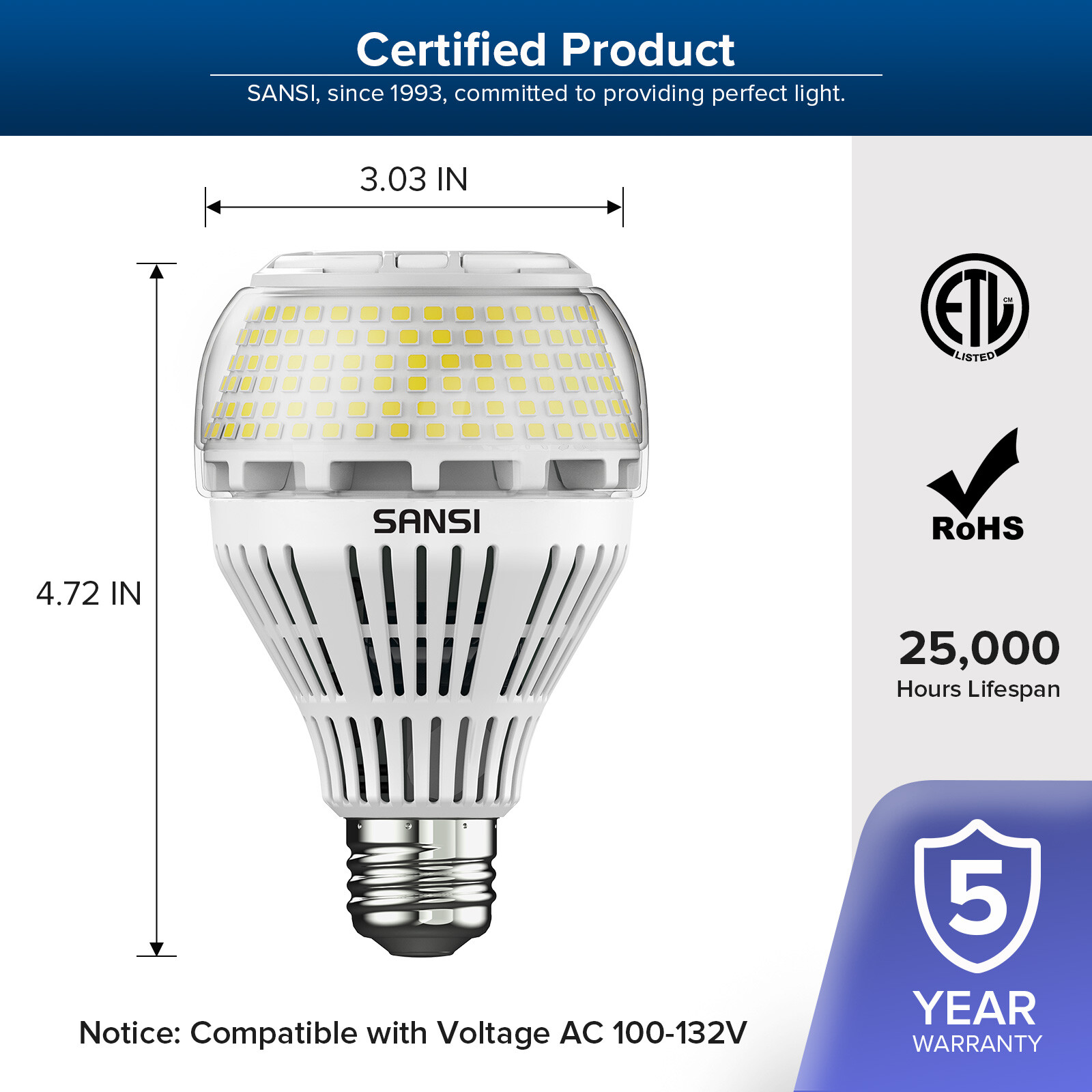 SANSI 40W 6000lm LED Light Bulb 5000K Warehouse Energy Efficient