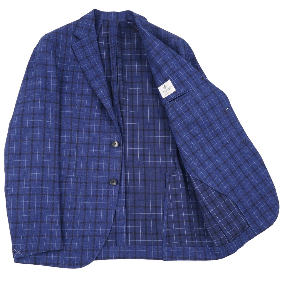 Abrigo deportivo Luigi Borrelli ajustado azul a cuadros lino-seda-lana 38R (UE 48) NUEVO CON ETIQUETAS Foto 2 de 4