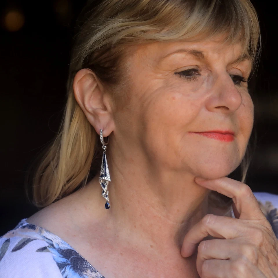 Ohrringe Clip On Lang Ohrhänger Golden Cz Blau Ruban Art Déco Stil EH6 - Bild 2 von 4