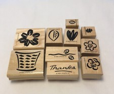 Lot of 10 Wooden Stamps - Spring, Basket, Flower, Leaves, Thanks Text, Nature