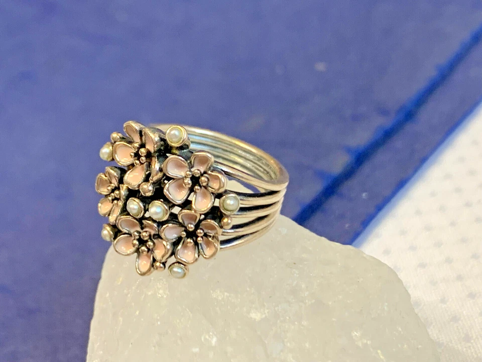 Anillo floral de plata de ley 7,43 g joyería fina talla 6 banda esmalte y perla sintética Foto 3 de 4