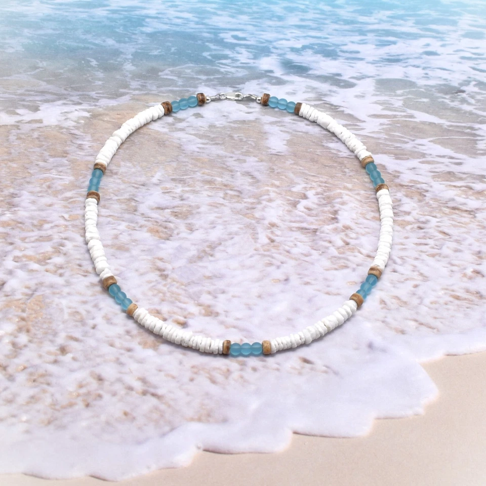 Gargantilla de surf Charm Natural White Shell Blue Crystal Beads Collar para hombres mujeres Foto 2 de 4