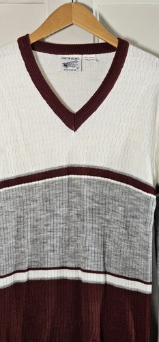 VTG Sweater Justin Blake Sportswear Men Size M Ivory Burgundy Striped V-neck - Picture 7 of 23