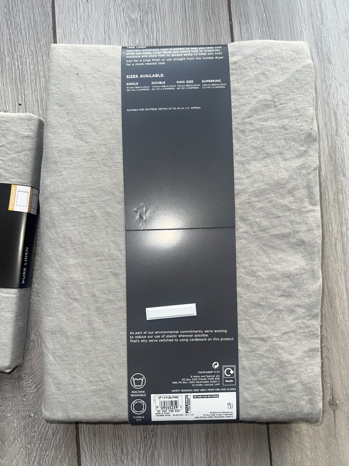 M&S King Size Deep Fitted bed Sheet Pure Linen + 2 pillowcases set Grey