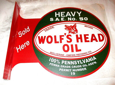WOLF'S HEAD OIL Double-Sided Imprint Metal Flange Sign #4 - NEW