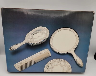 Vintage 3 Pc Vanity Dresser Set Hand Mirror Brush Comb Silver Plated Rose 9'' 