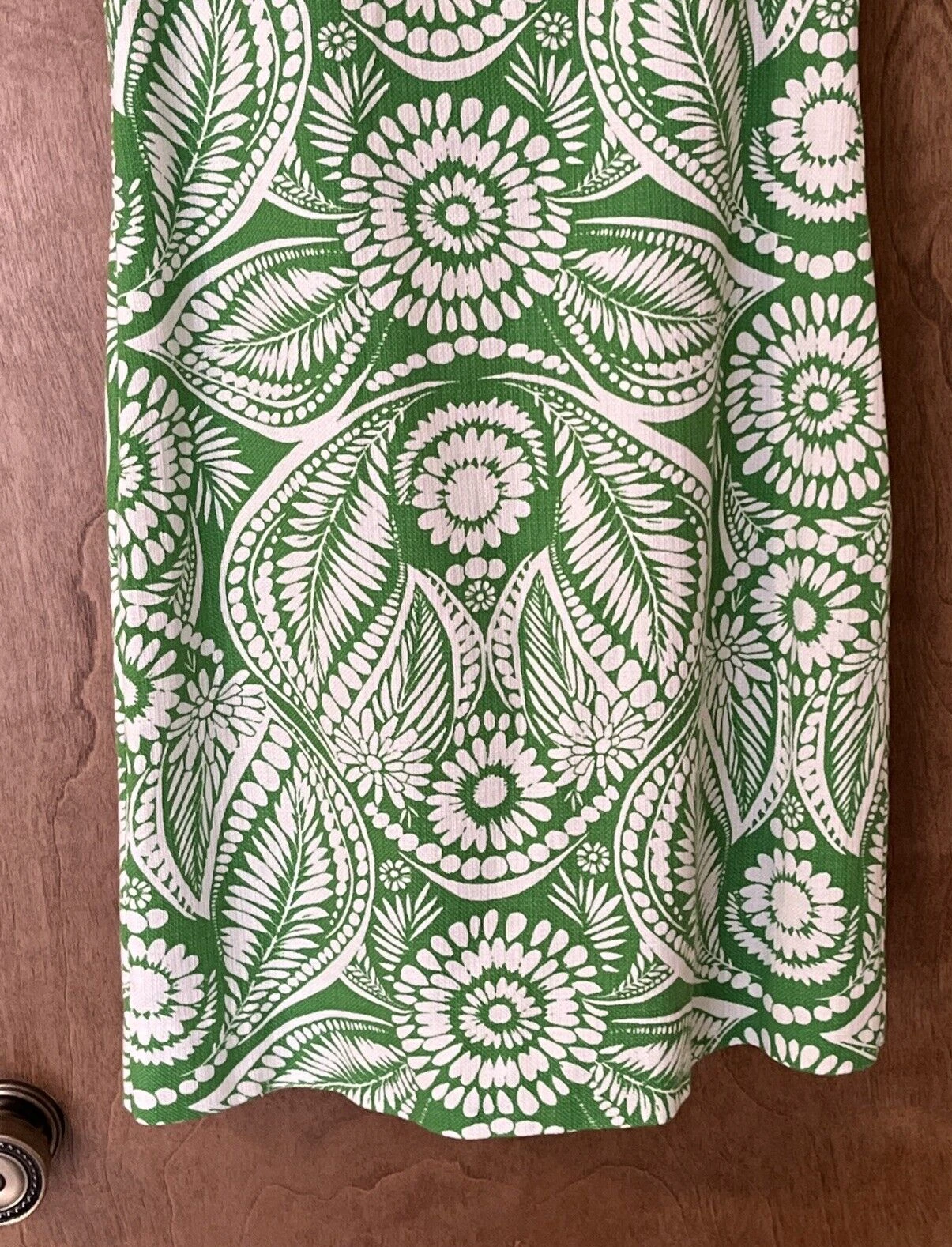 Abito tubino botanico verde e bianco KATE SPADE collo arricciato senza maniche taglia S