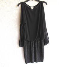 Caché Beaded Cocktail Dress XS Slit Sheer Peep Sleeve Size 2 Evening Black