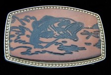 LEATHER BIG MOUTH BASS BELT BUCKLE VINTAGE 1980'S ALUMALINE