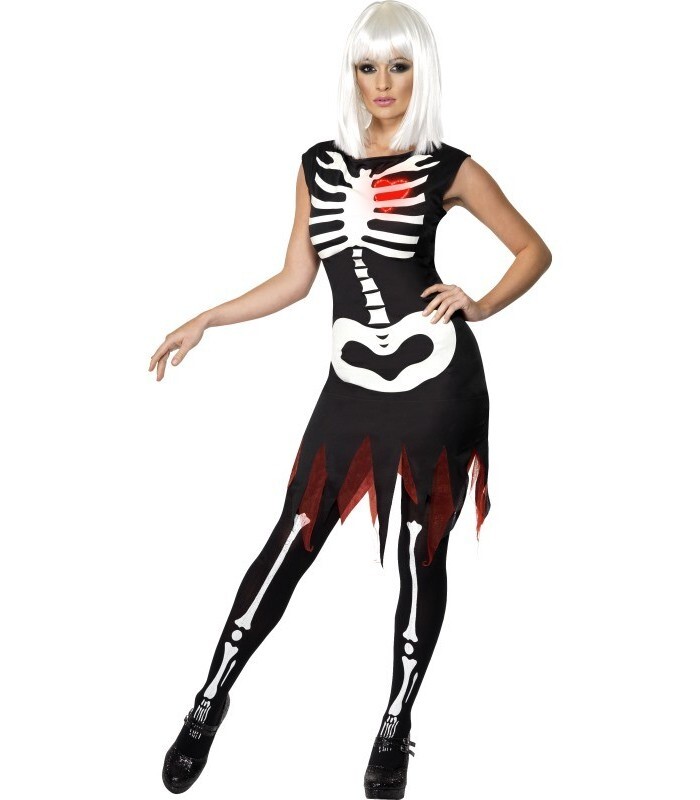 Halloween Ladies Glow In The Dark Bright Bones Skeleton Dress With Free Tights