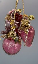 3 Katherine's Collection Pink Etched Glass Ornaments With Beaded Flowers