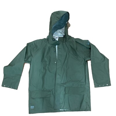 Helly Hansen Rain Jacket Men XL Snap Waterproof Fishing Work Hood PVC Coat Green