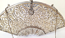 Vintage Ornate Fan Shape Handbag Silver  Gold Tone Faux Snake Skin Rhinestone