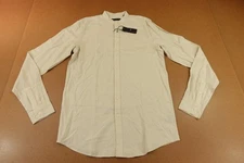 American Tall Mens Medium Sand Linen Blend Band Collar Button Front Shirt NWT