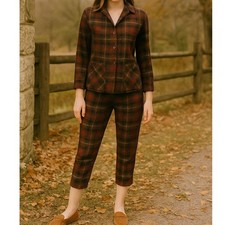 Vintage Plaid Jacket  Pedal Pusher Pants Set Wool Blend Two Piece Outfit