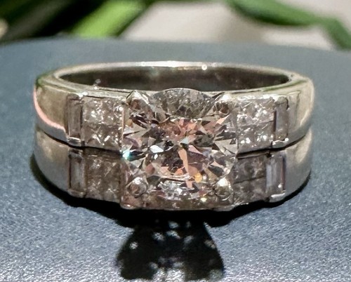 ESTATE 1.25CT ROUND CENTER DIAMOND ENGAGEMENT WEDDING BAND RING SET 18K GOLD