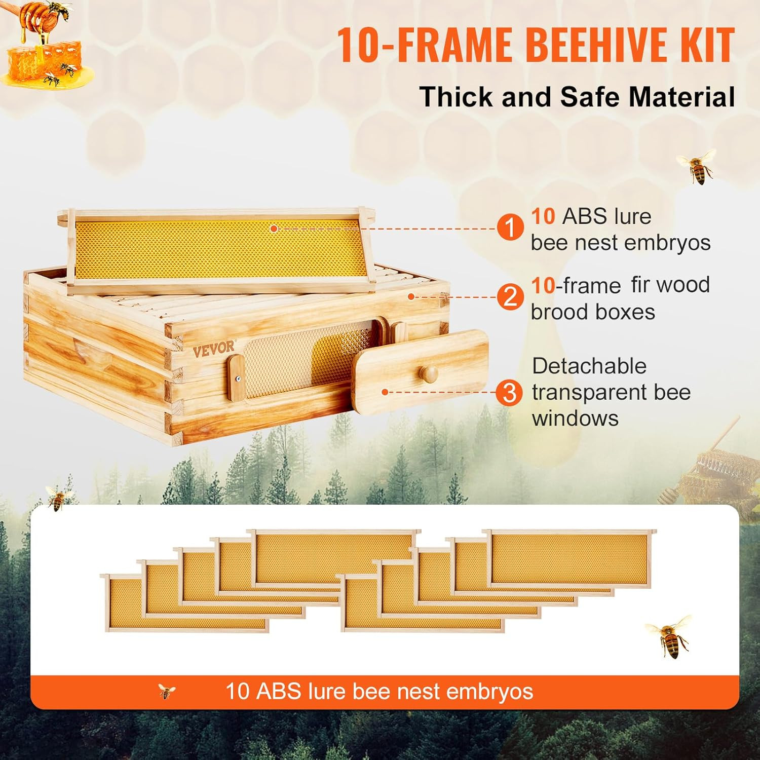 10 Frame Medium Bee Hive Box Kit, Beeswax Coated, w/ Frames & Windows