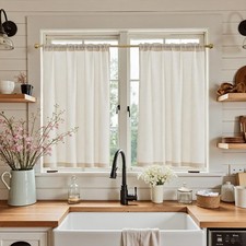 Beige Linen Kitchen Curtains 24 Inch Tier Curtains Farmhouse Cafe Light Filte...