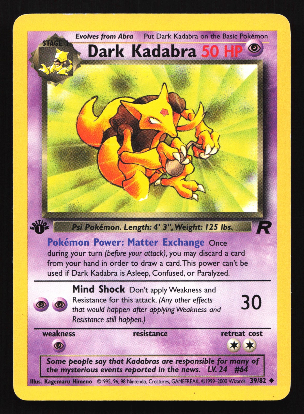 Dark Kadabra 39/82 Team Rocket 1st Edition Uncommon Pokemon Card