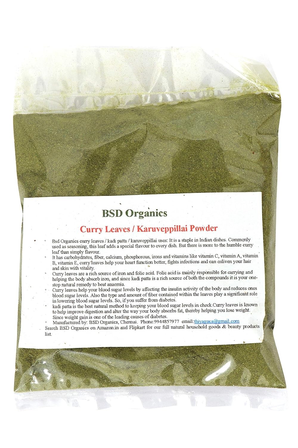 Hojas De Curry Bsd Organics, Polvo De Karuveppillai 100g