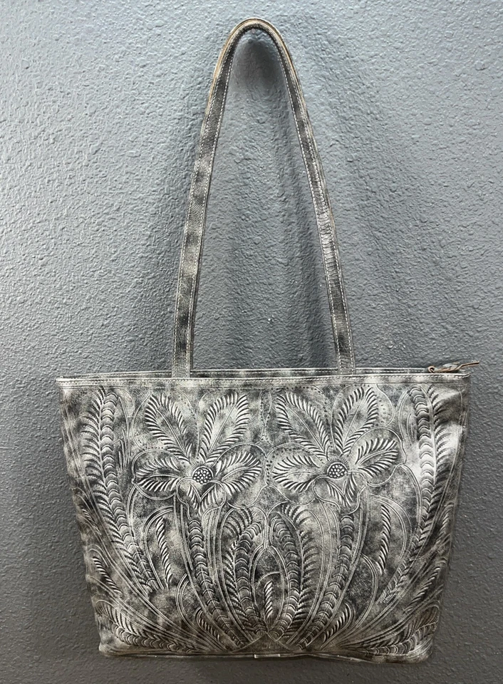 Leaders in Leather Tooled Gray Tote Shoulder Bag Western Boho Cowgirl Rodeo - Image 4 of 4