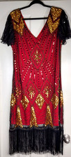 1920s Style Flapper Dress XXL Women's Gatsby Red w Black Fringe  Gold Sequins