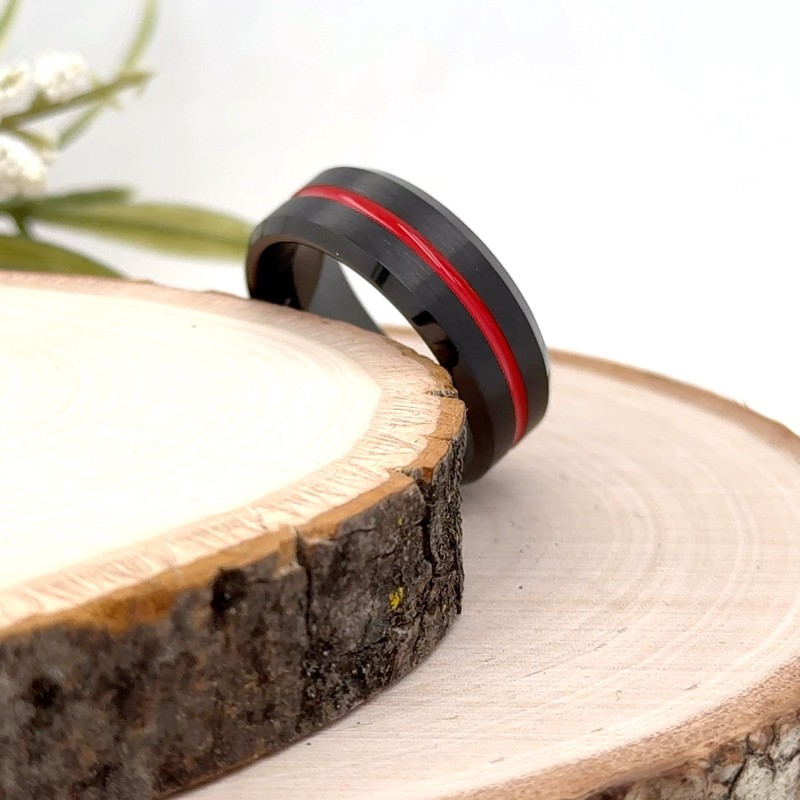 Red Groove Center Brushed Band 8mm Black Tungsten Women Ring for Christmas Gifts