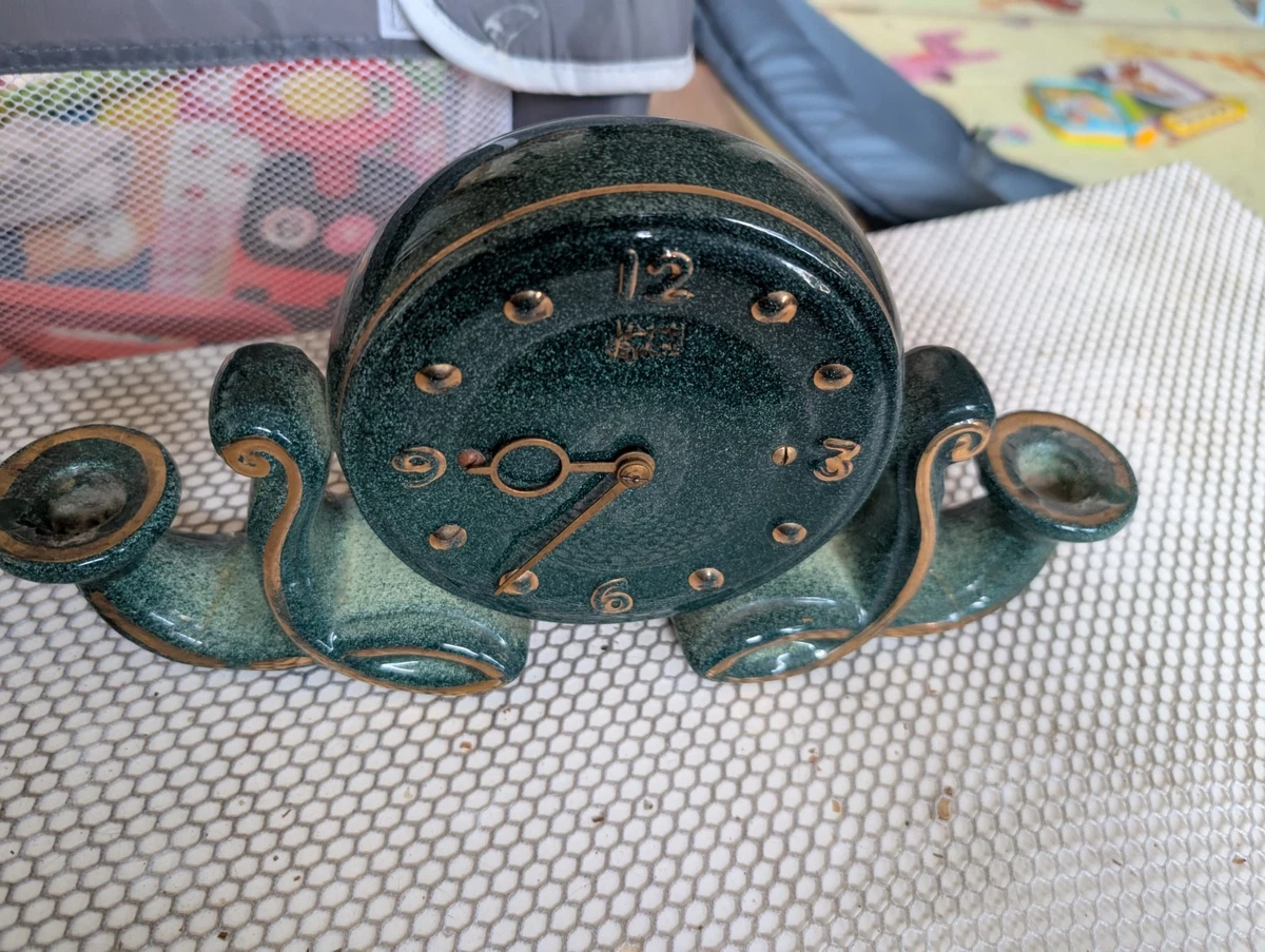 Ancienne Pendule Céramique / Faïence Liseré Bleu Vintage Fonctionnelle Avec Cle