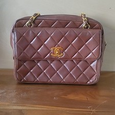 Chanel VTG Brown Lambskin Leather GM Medium Shoulder Flap Camera Bag Rare GHW