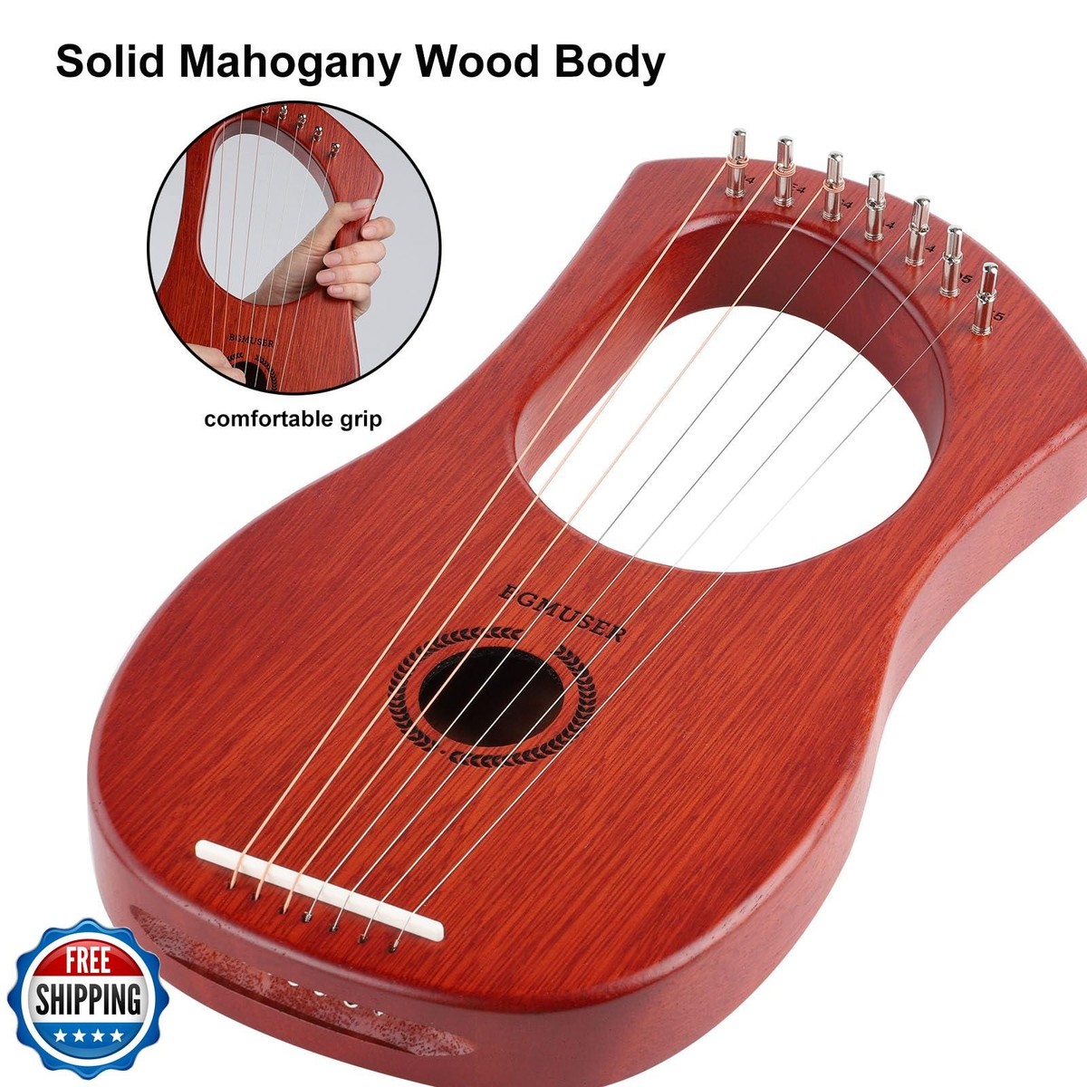 BGMUSER Lyre Harp 7 Strings with Bag,Tuning Wrench,Metal Strings