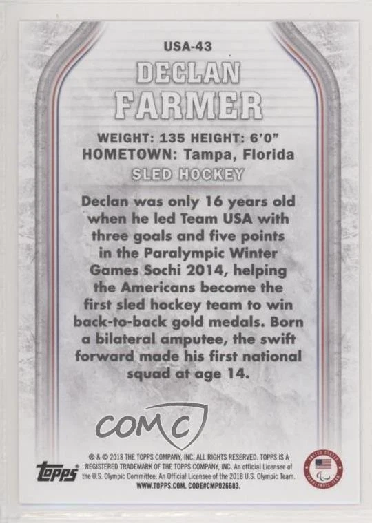 2018 Topps US Olympic & Paralympic Team and Hopefuls Silver Declan Farmer - Image 2 of 2