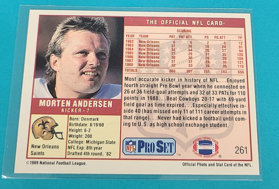 1989 Pro Set #261 Morten Andersen New Orleans Saints FOOTBALL Card K6 - Image 2 of 2